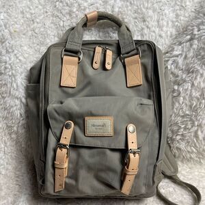 Himawari Laptop backpack Gray canvas tan faux leather straps .